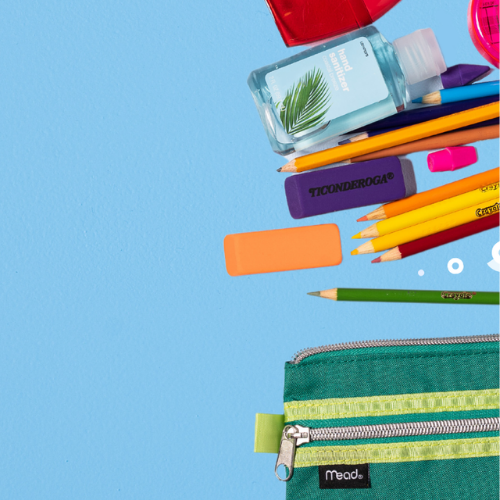 A group of school supplies coming out of a green zipper pouch on a blue background.